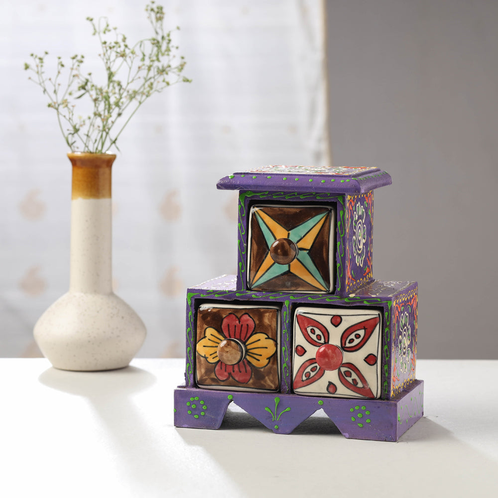 Neem Wood Hand Painted Blue Pottery Ceramic Triple Drawer