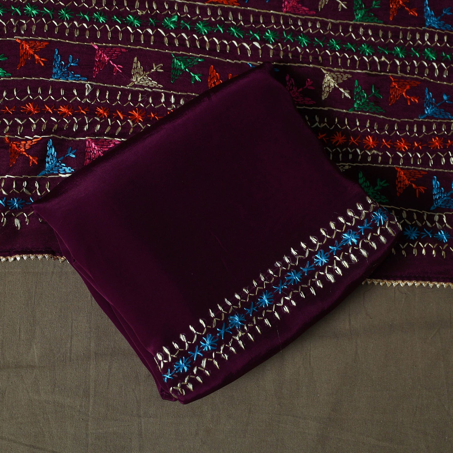Phulkari hand embroidered crepe silk 3pc unstitched dress