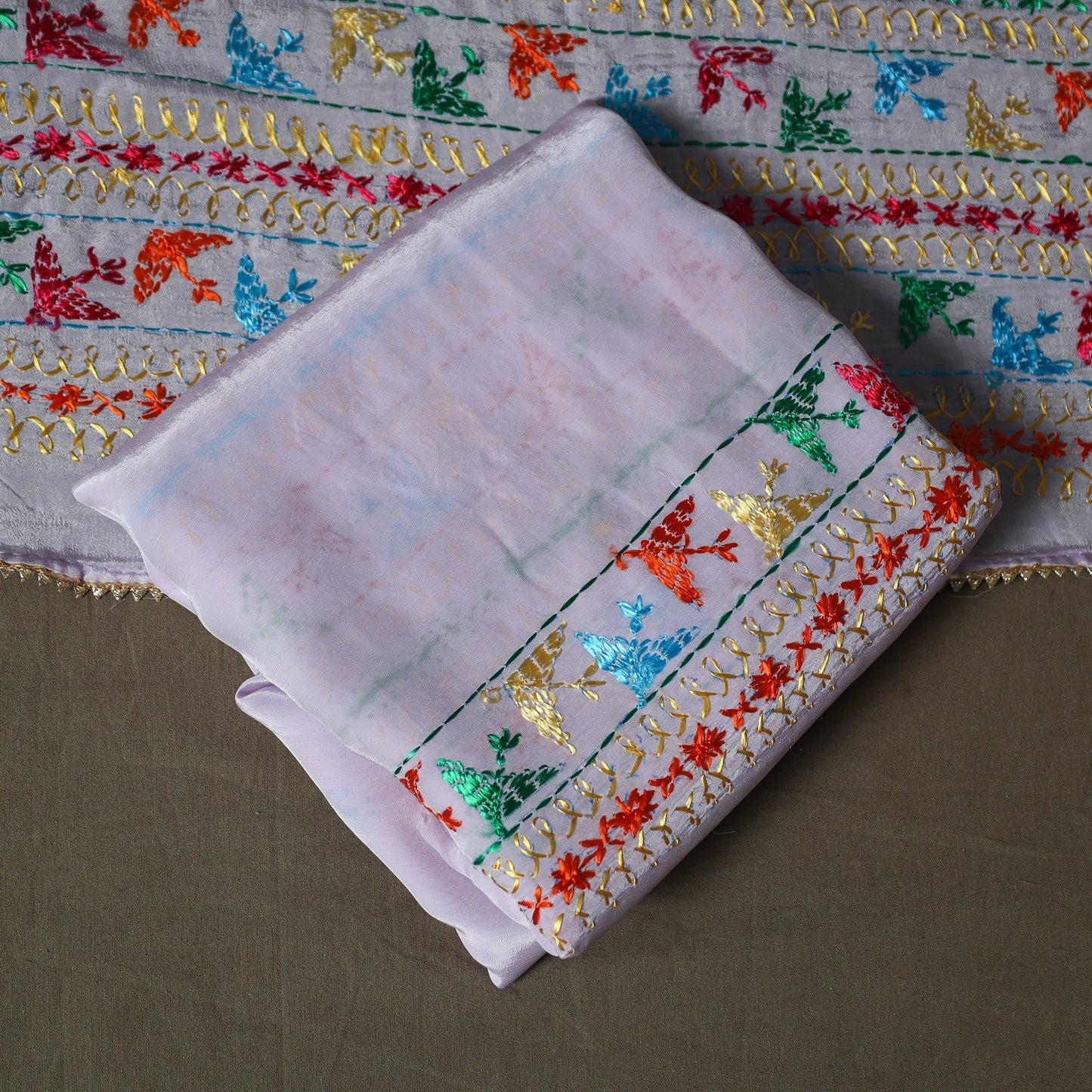 Phulkari hand embroidered crepe silk 3pc unstitched dress