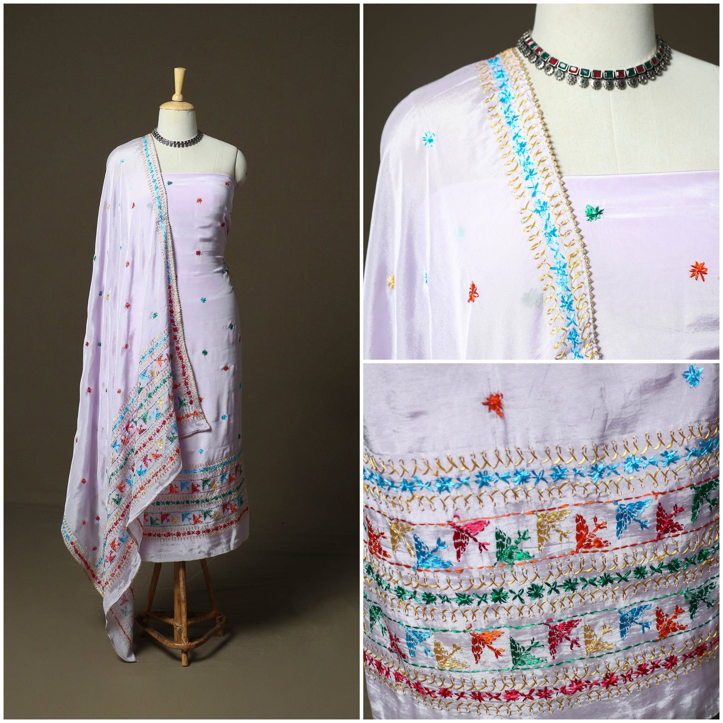 Phulkari hand embroidered crepe silk 3pc unstitched dress