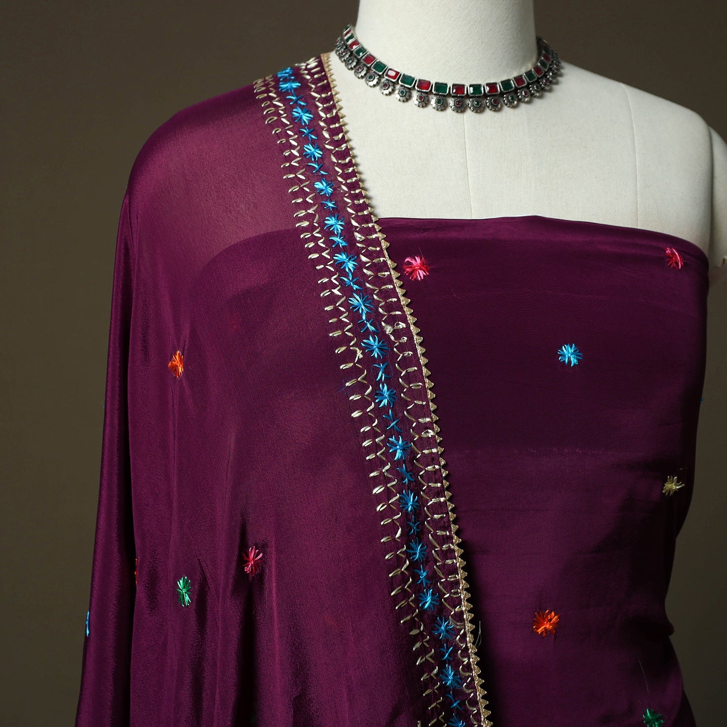 Phulkari hand embroidered crepe silk 3pc unstitched dress