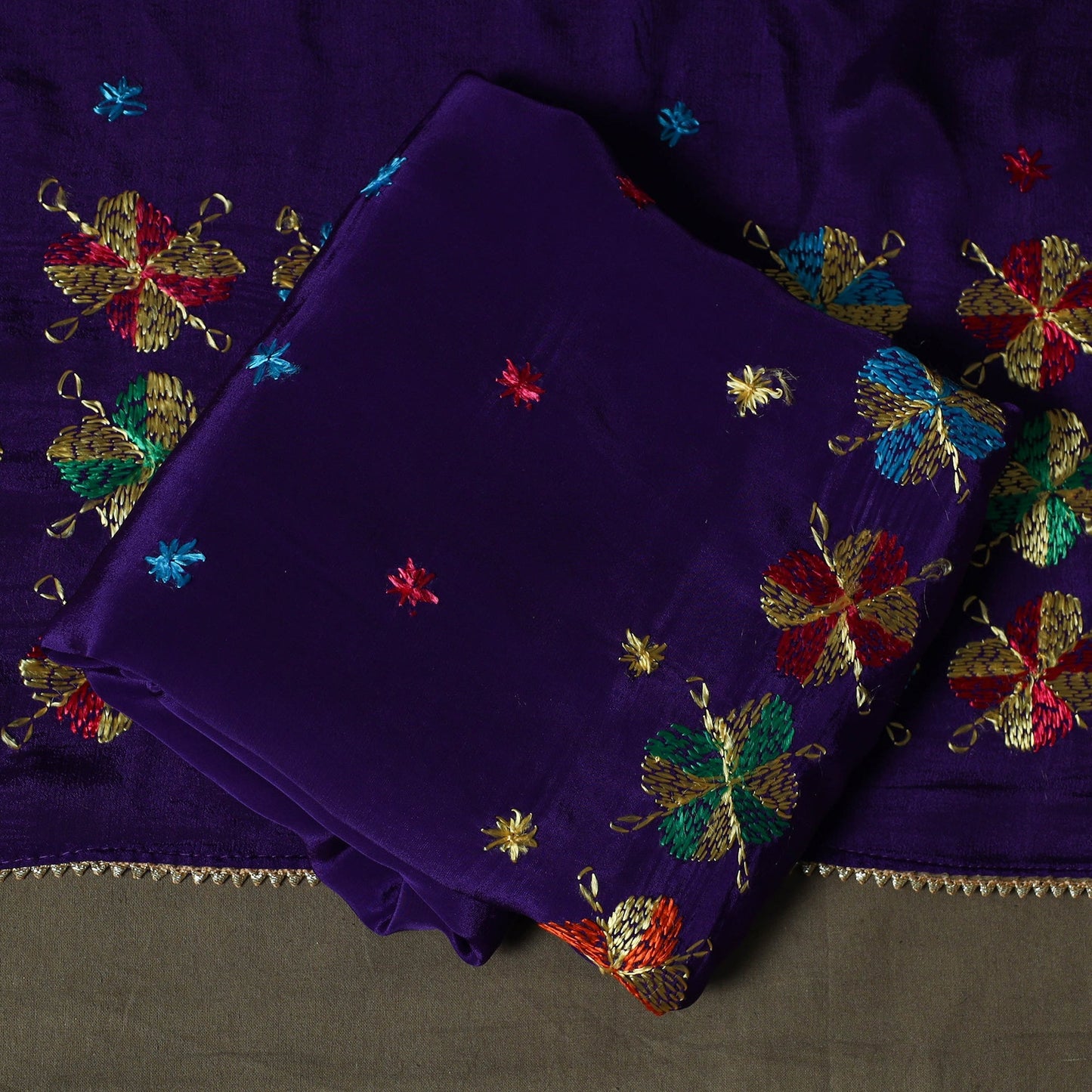 Phulkari hand embroidered crepe silk 3pc unstitched dress