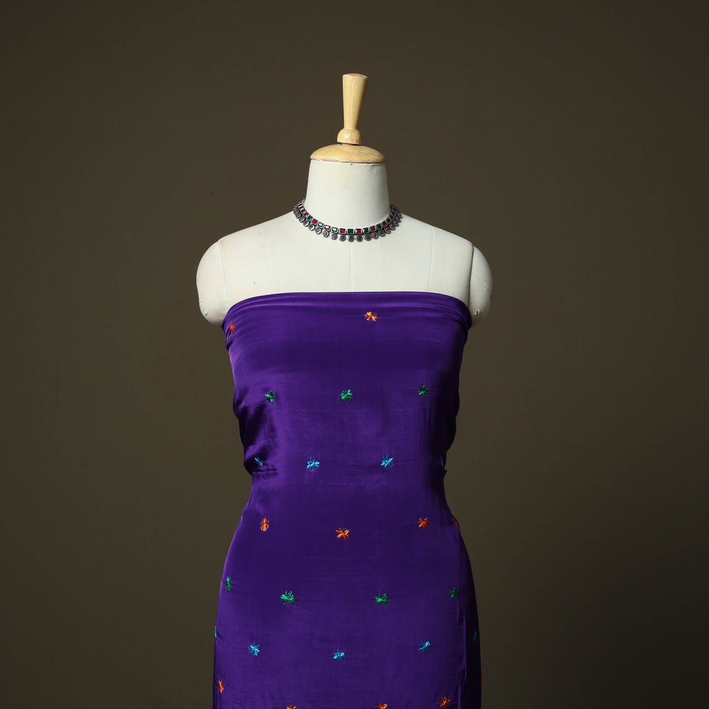 Phulkari hand embroidered crepe silk 3pc unstitched dress