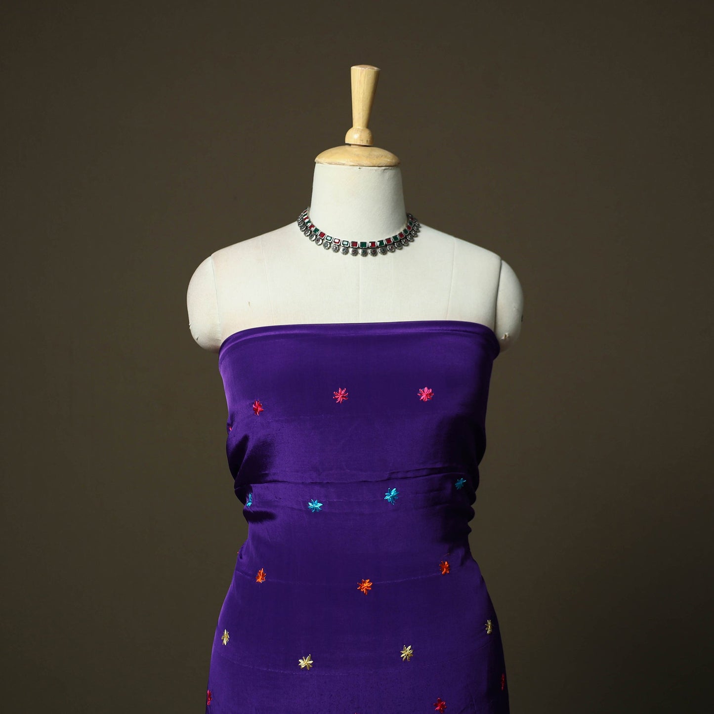 Phulkari hand embroidered crepe silk 3pc unstitched dress