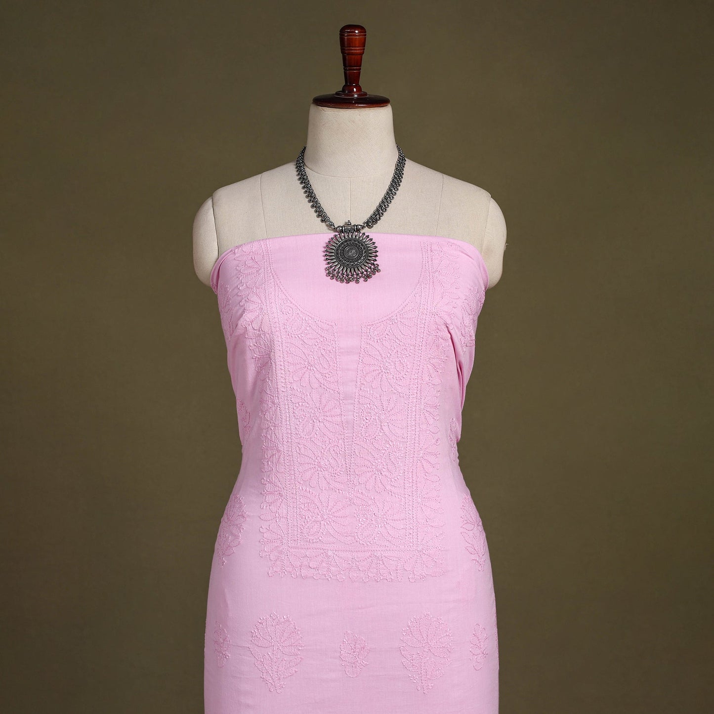 Pink Hand Embroidery Mul Cotton Chikankari Kurta Material