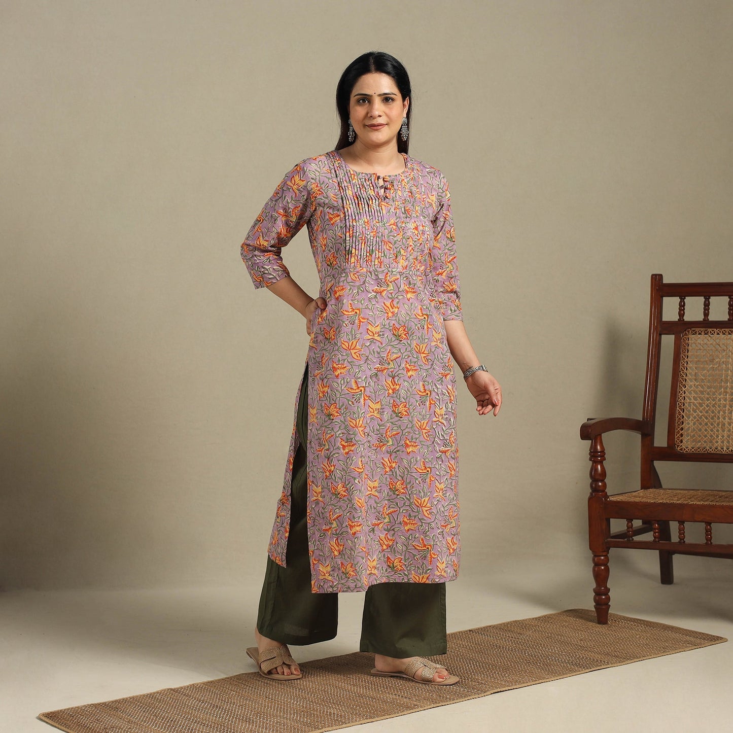 Purple - pintuck cotton straight sanganeri kurta 14