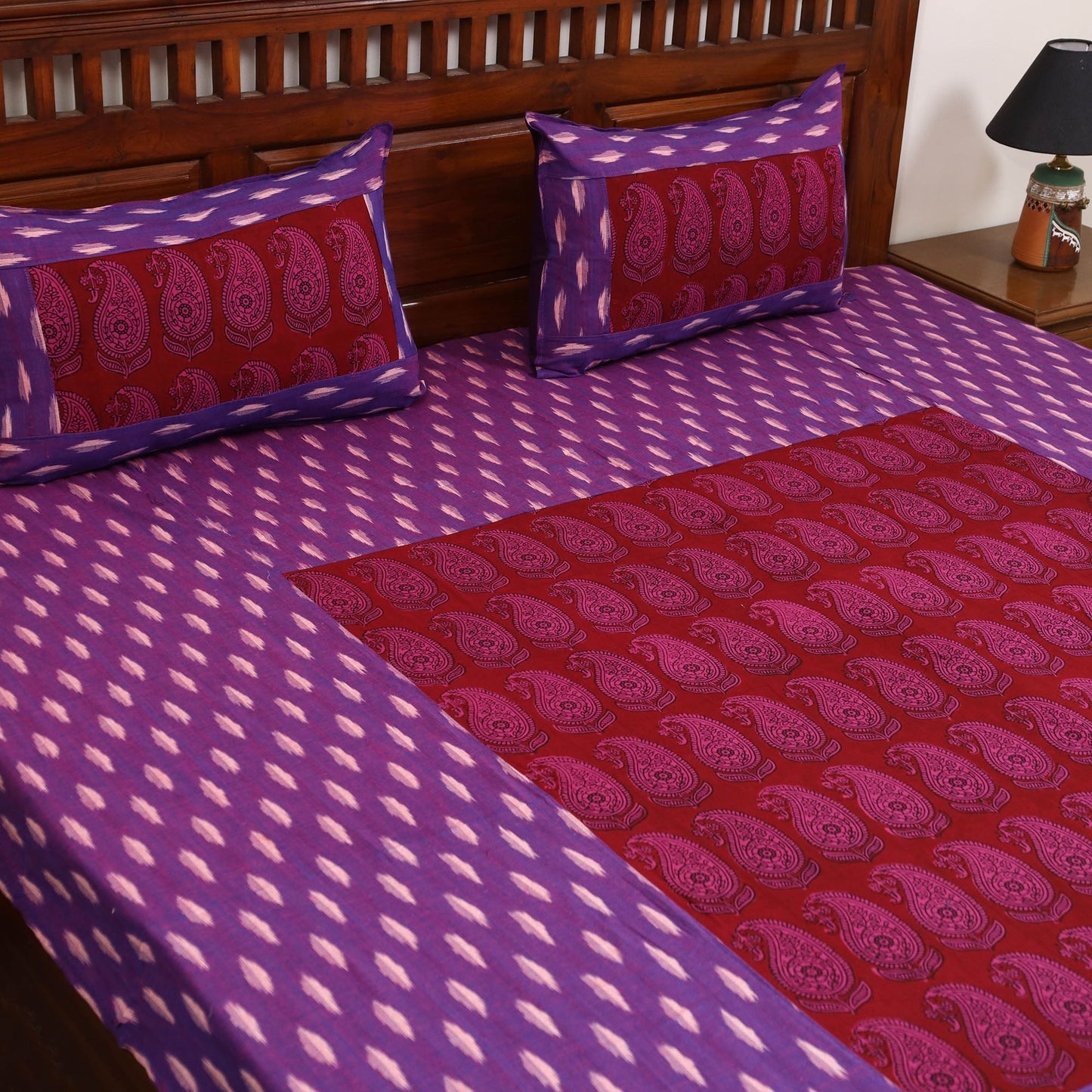 Pochampally ikat with bagh patch cotton bedsheet set 09