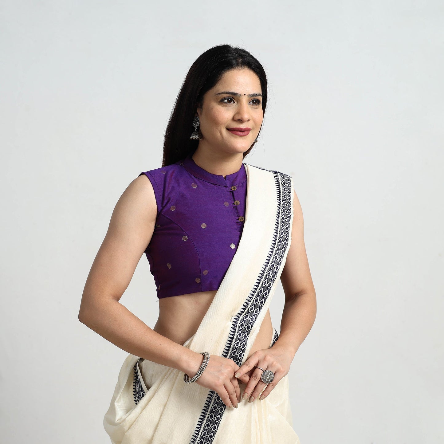 Buy Purple Polka Dot Zari Buti Silk Stitched Plain Blouse