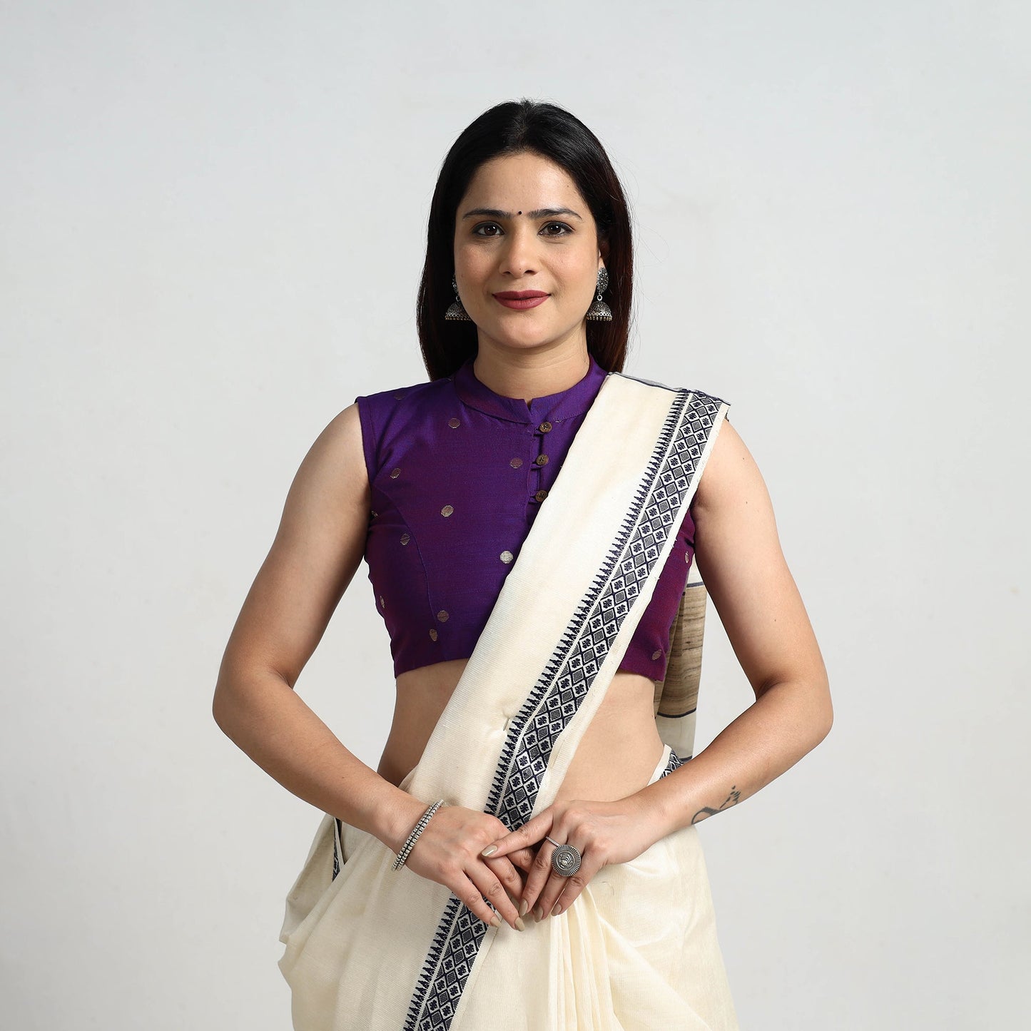 Buy Purple Polka Dot Zari Buti Silk Stitched Plain Blouse