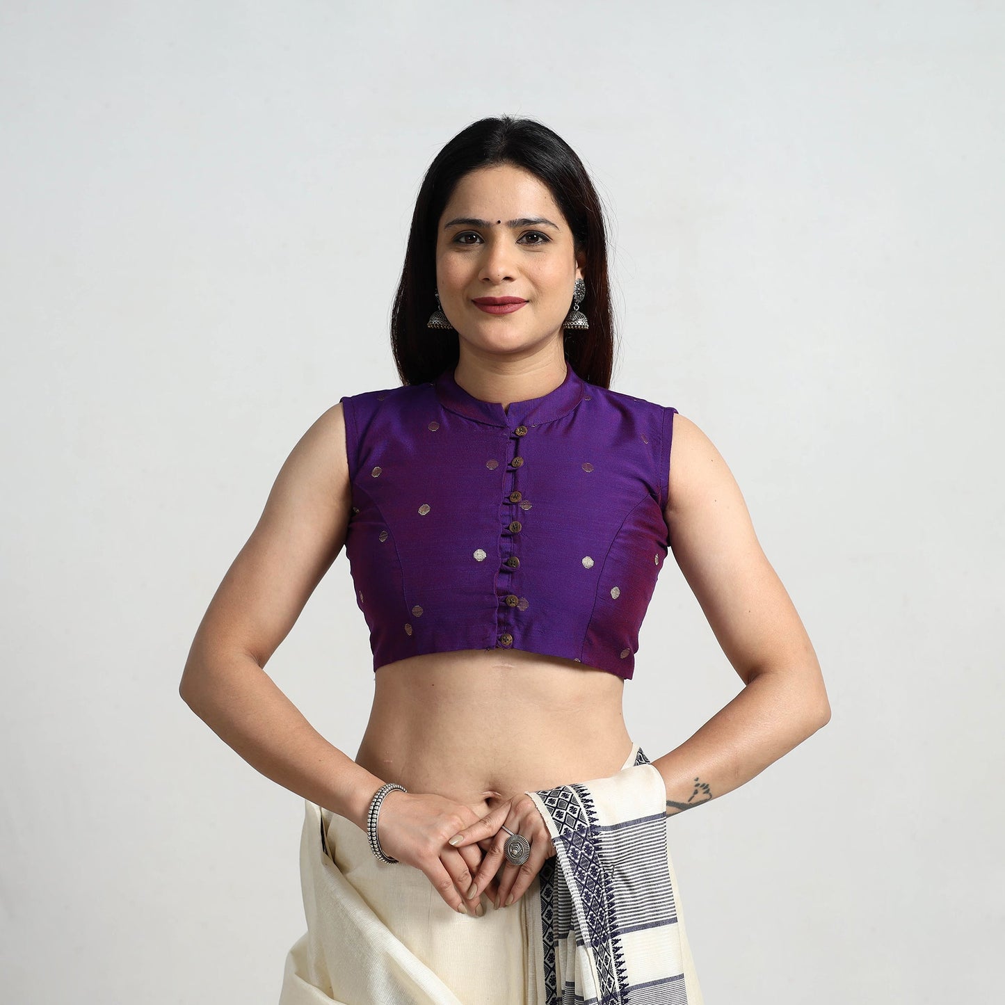 Buy Purple Polka Dot Zari Buti Silk Stitched Plain Blouse