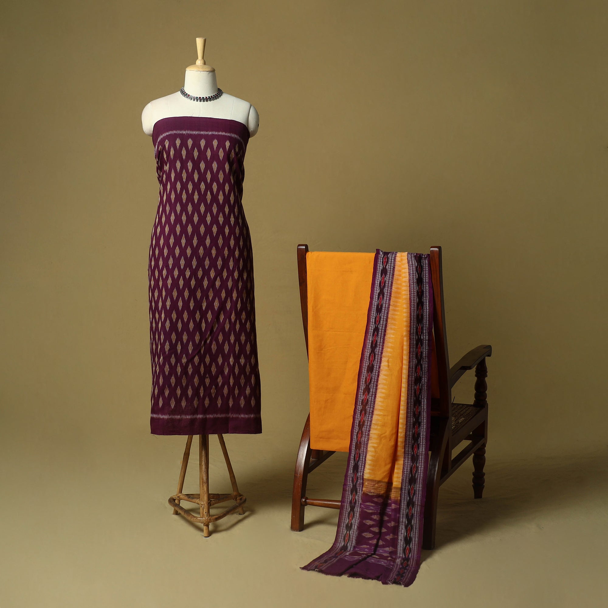 Purple Sambalpuri Ikat Handloom Cotton 3pc Unstitched Dress Material Suit Set