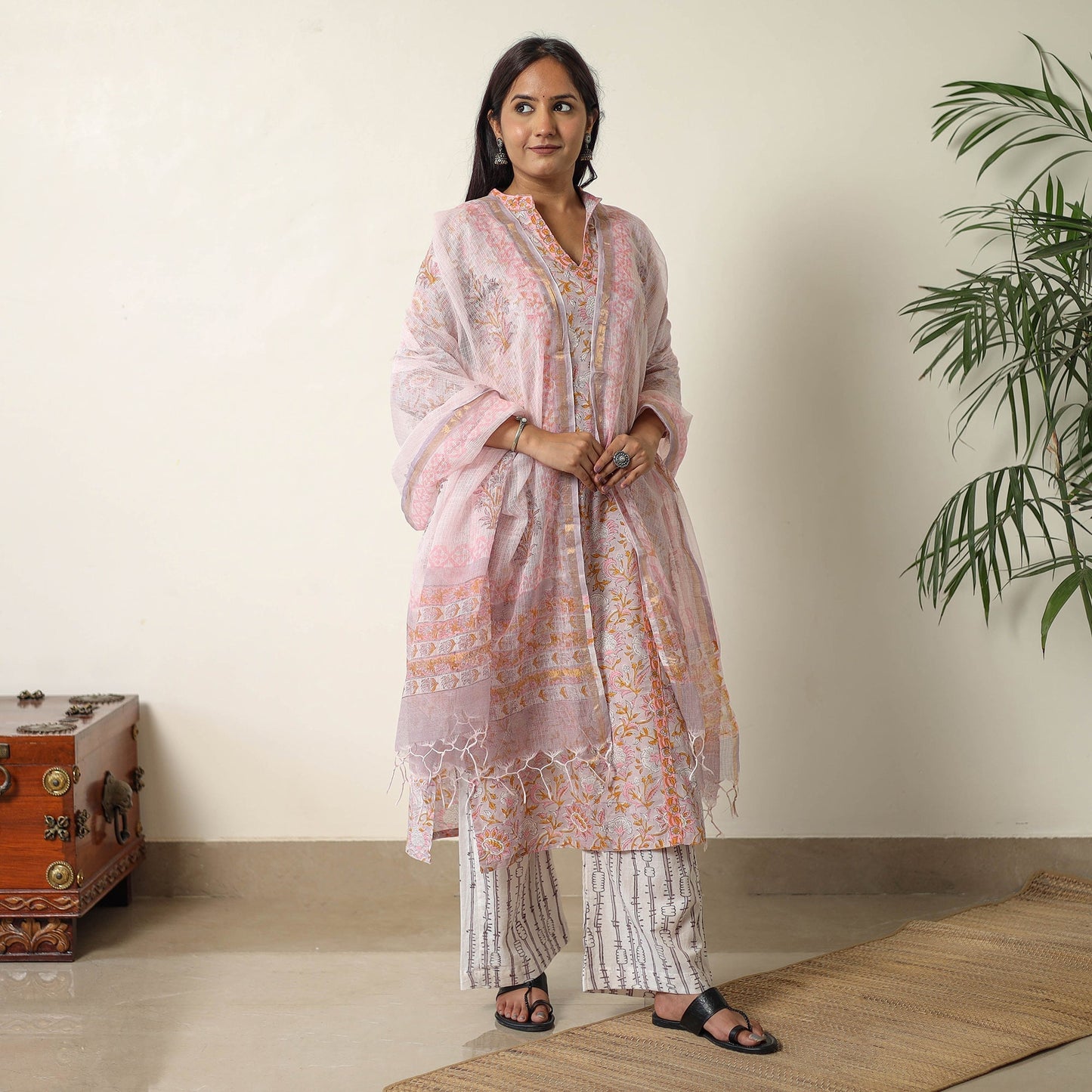 Sanganeri Block Printed Cotton Kurta with Palazzo & Dupatta Set 02