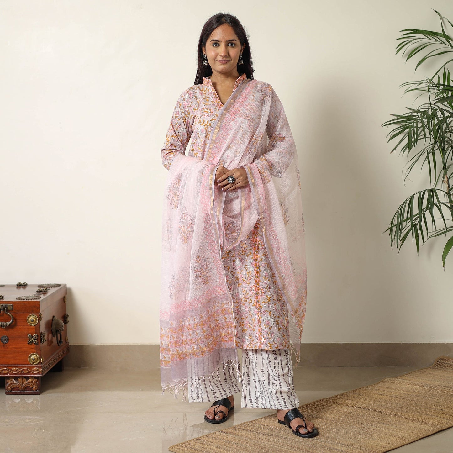 Sanganeri Block Printed Cotton Kurta with Palazzo & Dupatta Set 02
