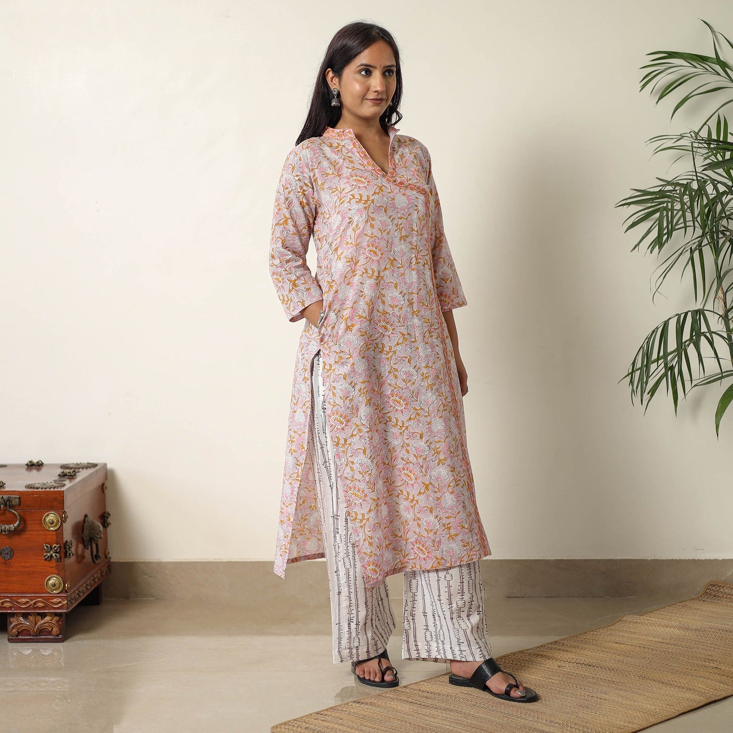 Sanganeri Block Printed Cotton Kurta with Palazzo & Dupatta Set 02