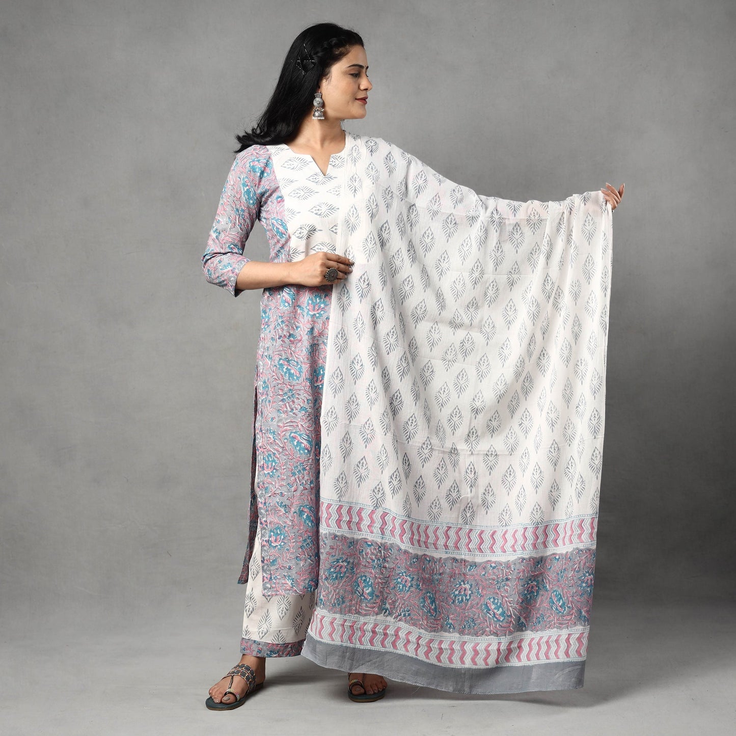 Buy Sanganeri Block Printing Cotton Kurta with Palazzo & Dupatta Set Online at iTokri.com