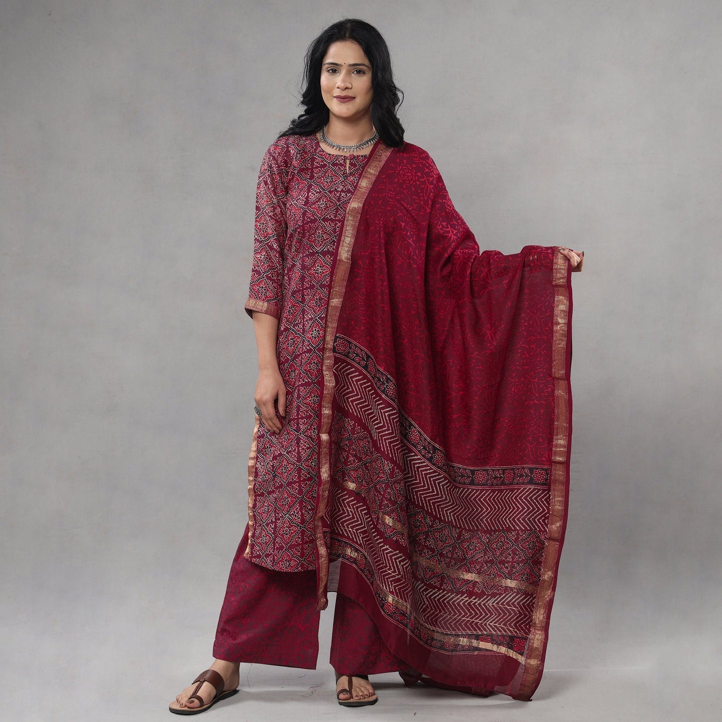 Buy Sanganeri Block Printing Maheshwari Silk Kurta with Palazzo & Dupatta Set Online l iTokri.com