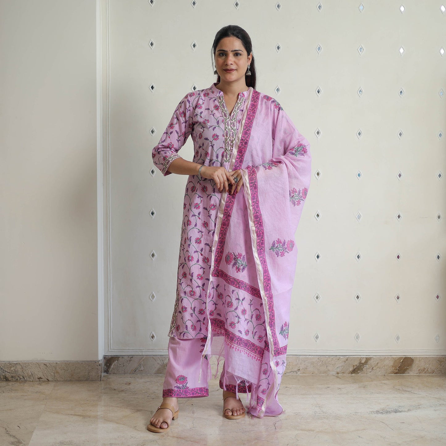 Purple - sanganeri cotton kurta suit set 13 - handcrafted