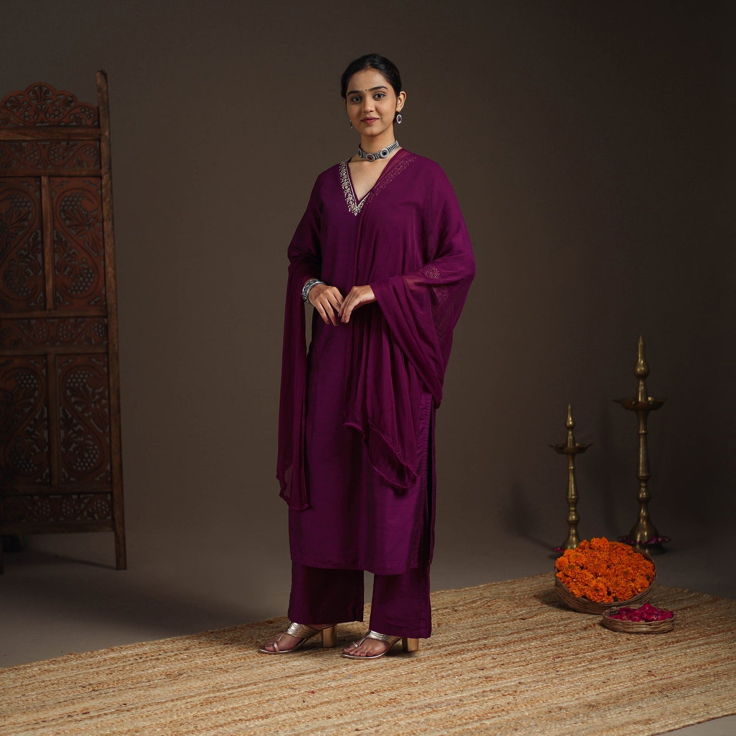 Purple - slub silk embroidered plain kurta set (set of 3)