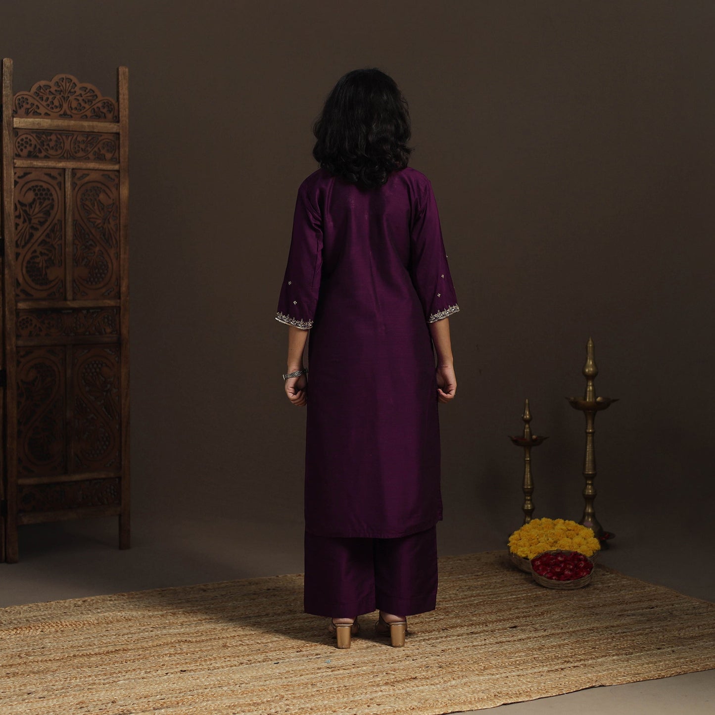 Purple - slub silk hand embroidered straight plain kurta 04