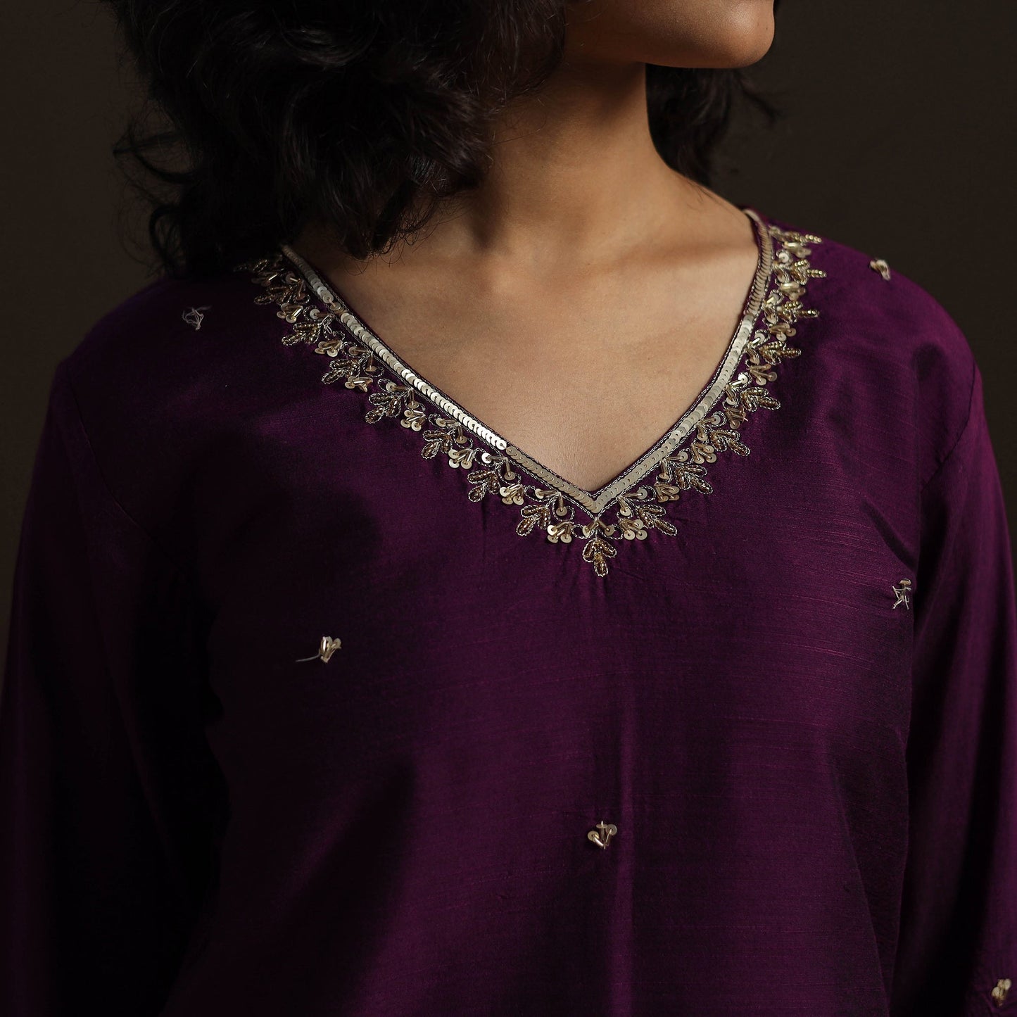 Purple - slub silk hand embroidered straight plain kurta 04