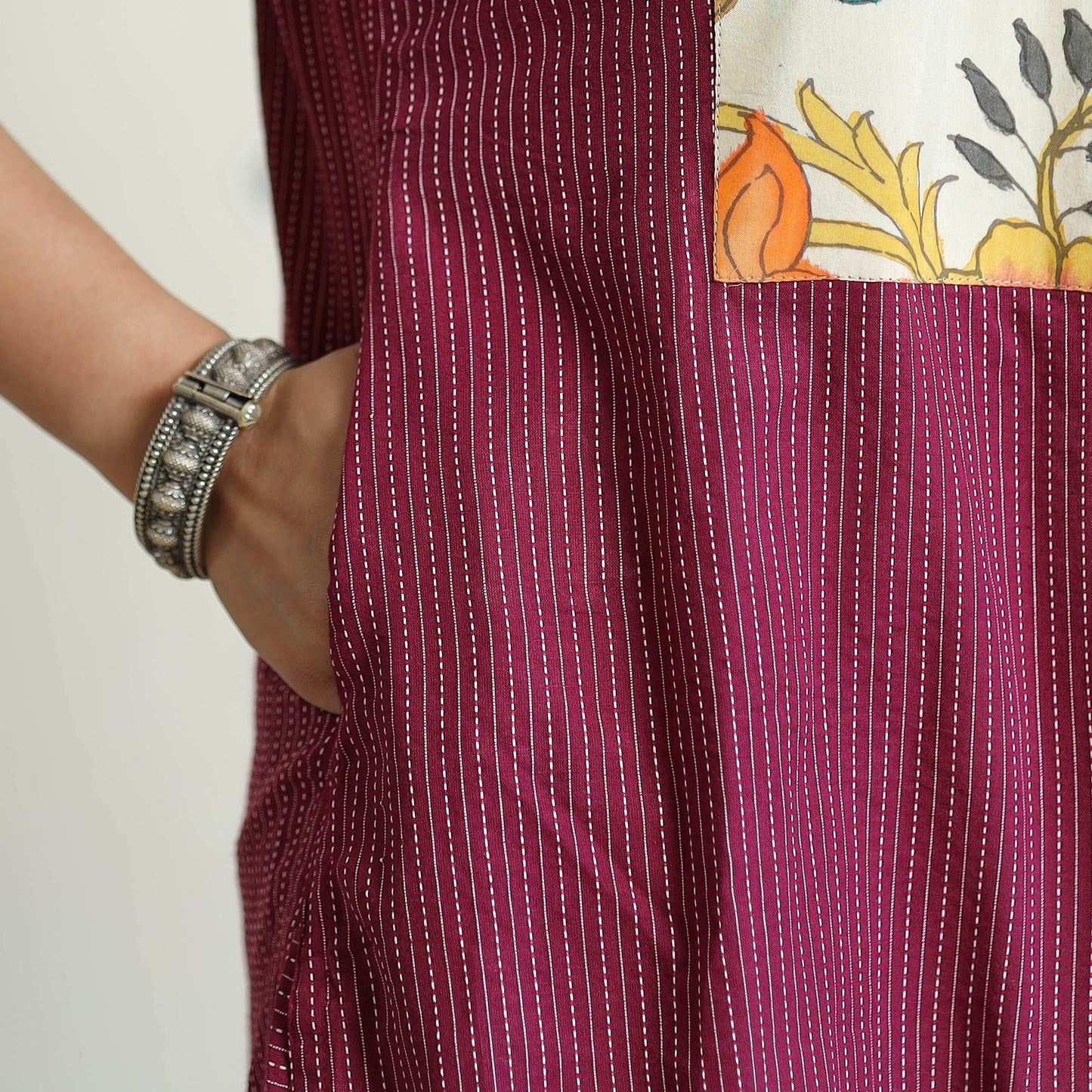Srikalahasti Kalamkari Patchwork Running Stitch Plain Cotton Long Kurta