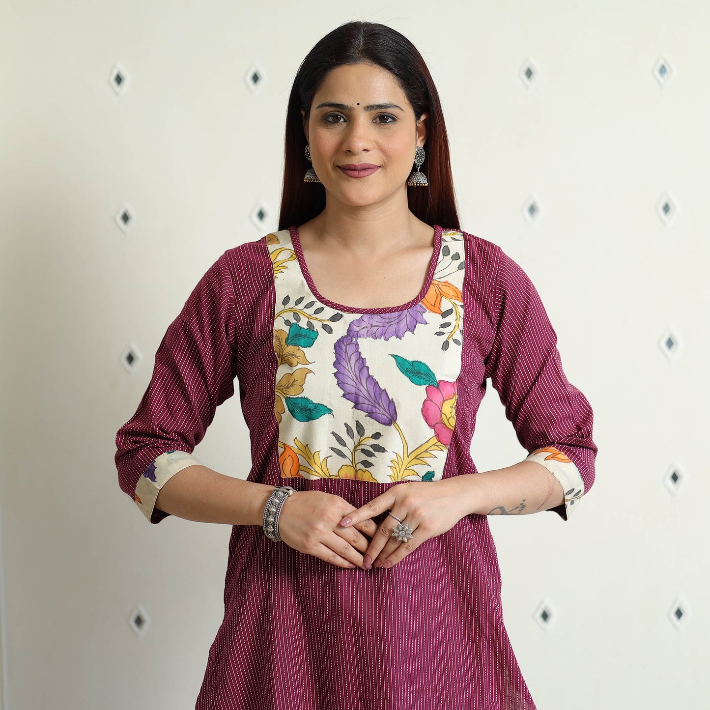 Srikalahasti Kalamkari Patchwork Running Stitch Plain Cotton Long Kurta