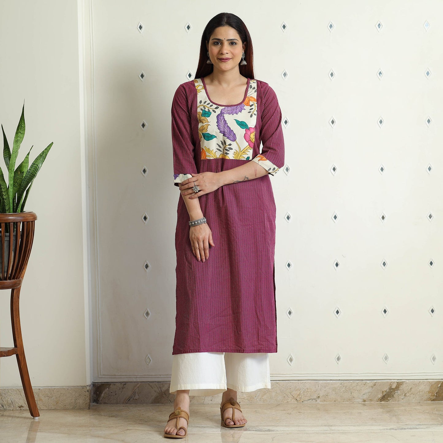 Srikalahasti Kalamkari Patchwork Running Stitch Plain Cotton Long Kurta