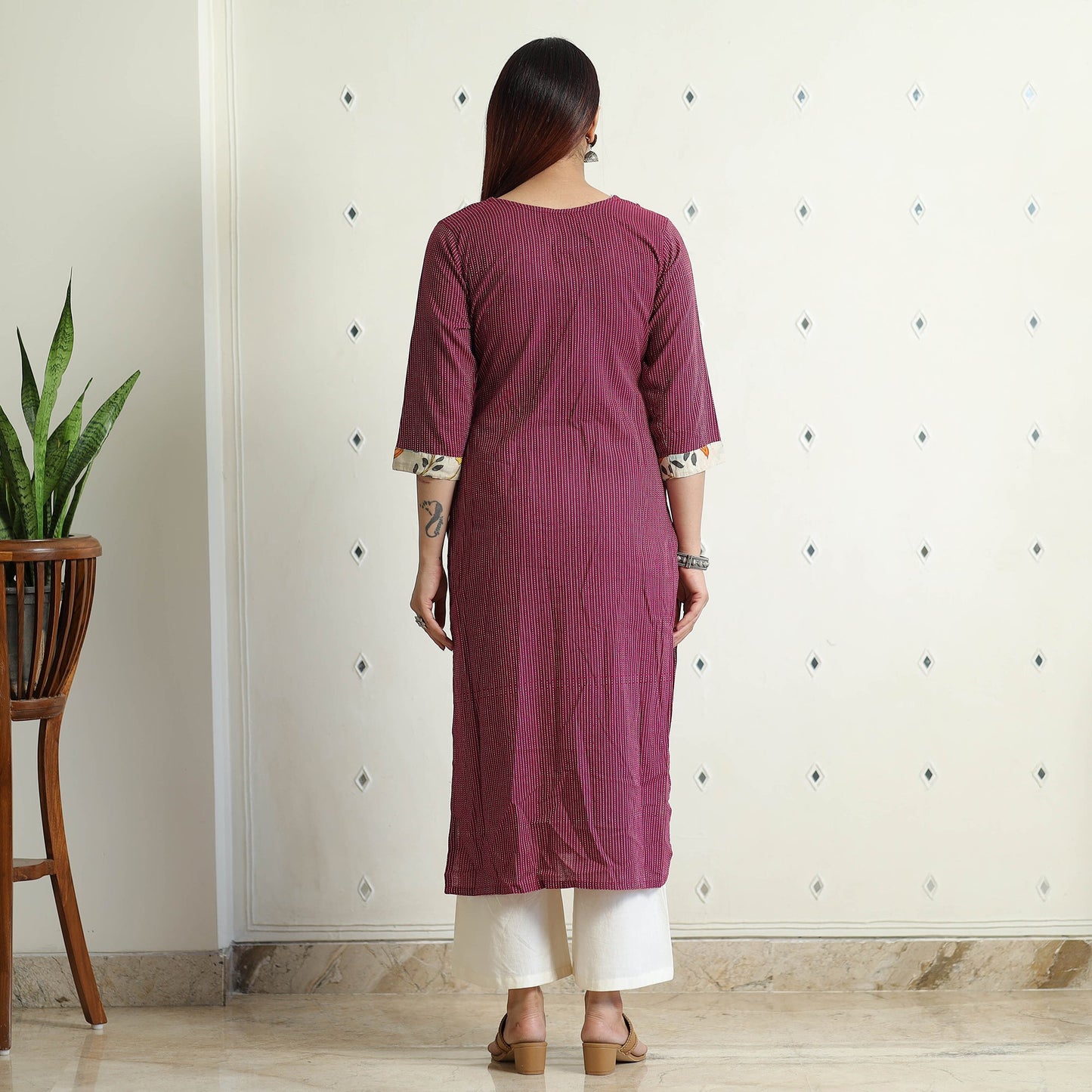 Srikalahasti Kalamkari Patchwork Running Stitch Plain Cotton Long Kurta