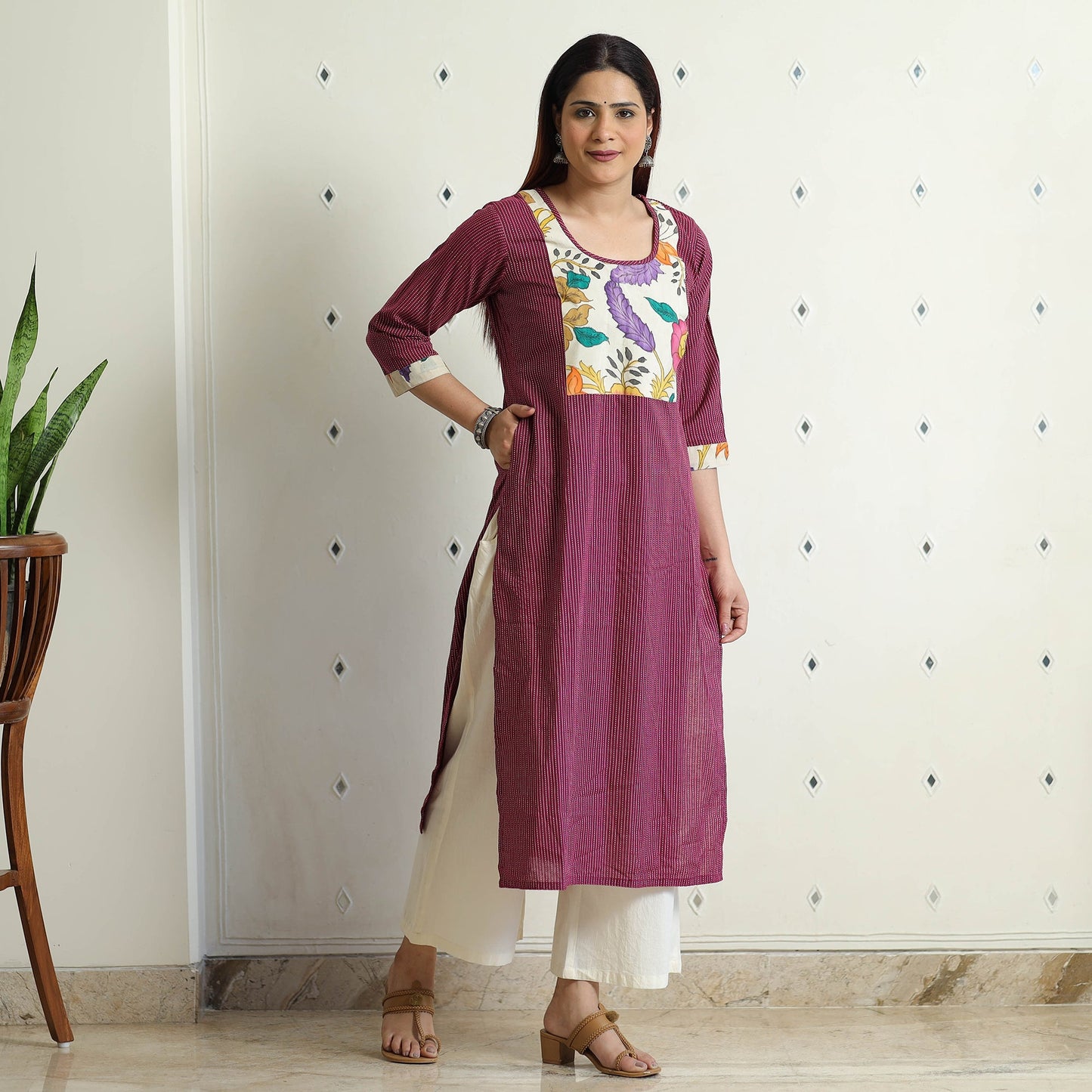 Srikalahasti Kalamkari Patchwork Running Stitch Plain Cotton Long Kurta