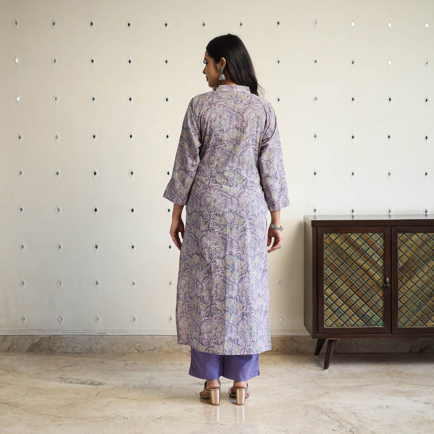 Purple Straight Cotton Block Print Sanganeri Kurta