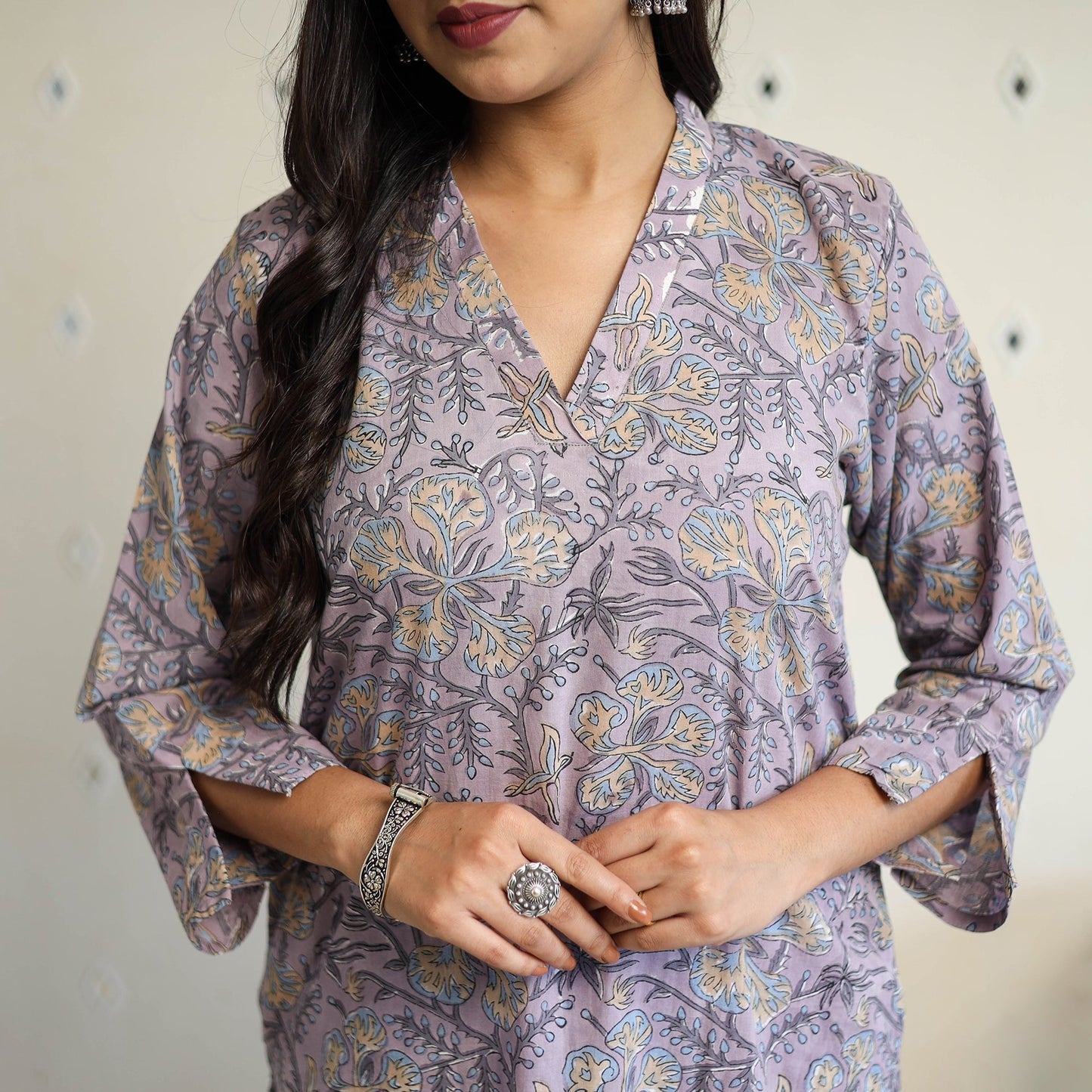Purple Straight Cotton Block Print Sanganeri Kurta