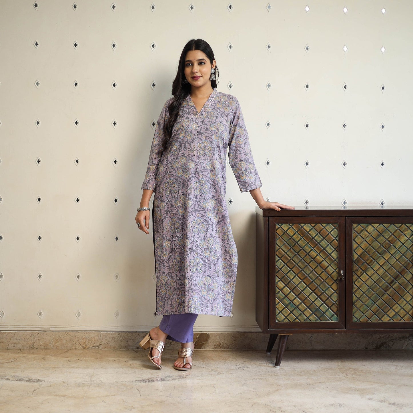 Purple Straight Cotton Block Print Sanganeri Kurta