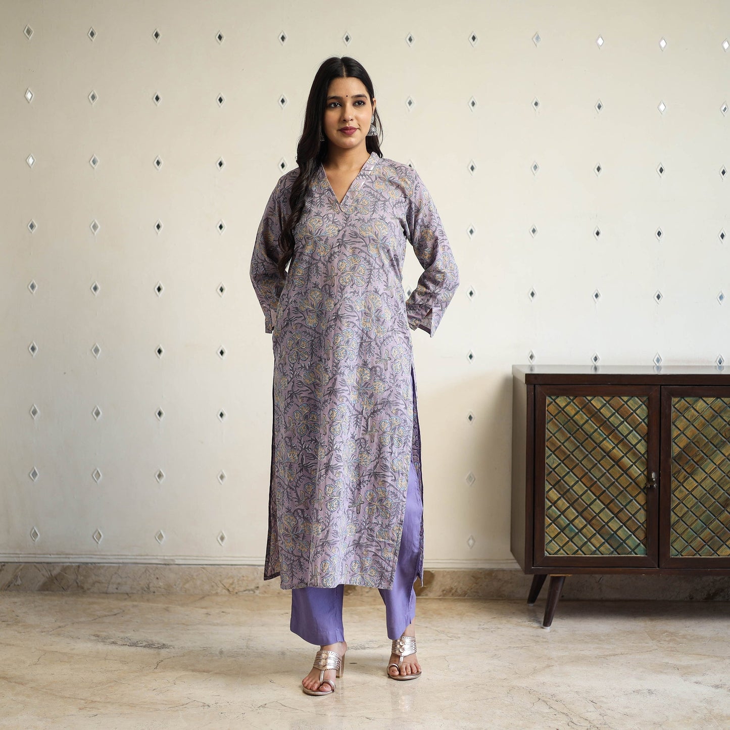 Purple Straight Cotton Block Print Sanganeri Kurta