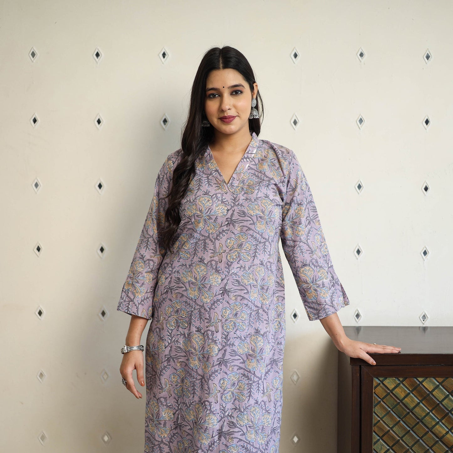 Purple Straight Cotton Block Print Sanganeri Kurta