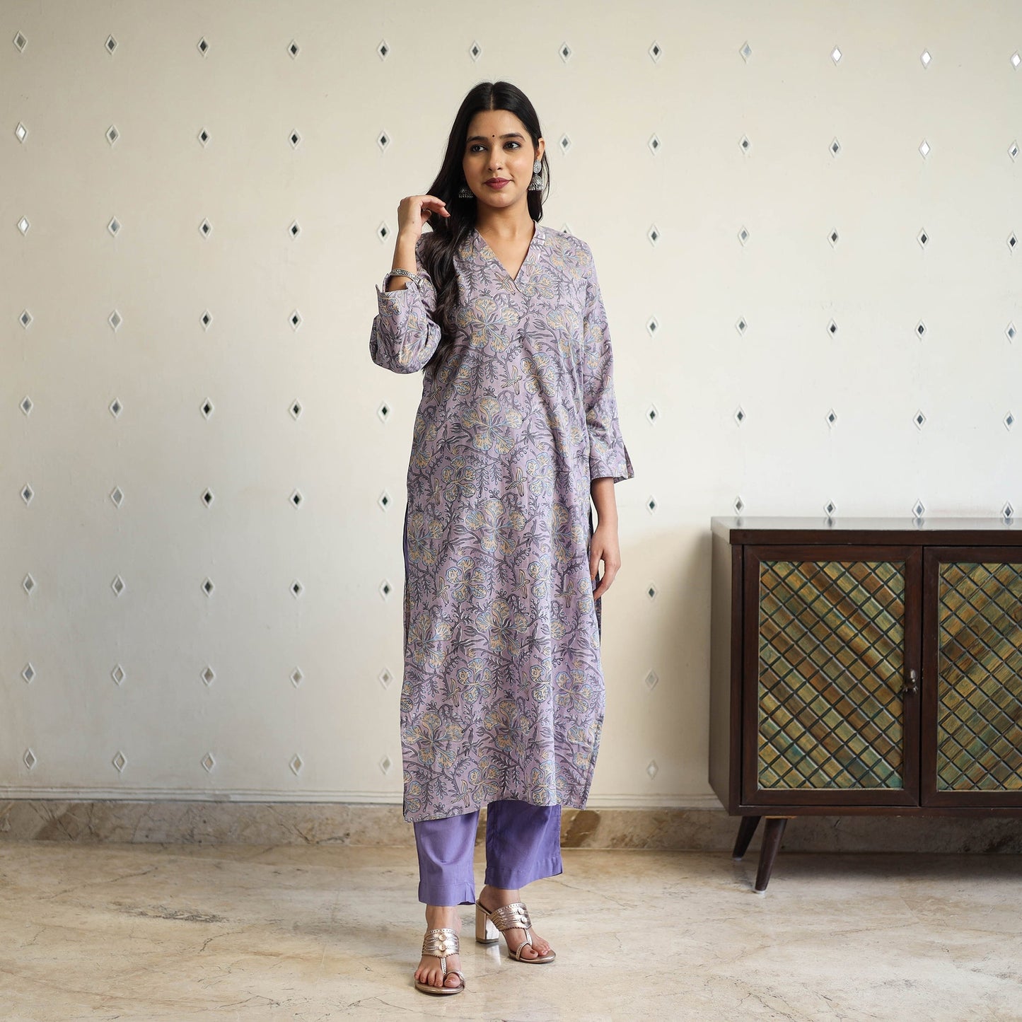 Purple Straight Cotton Block Print Sanganeri Kurta