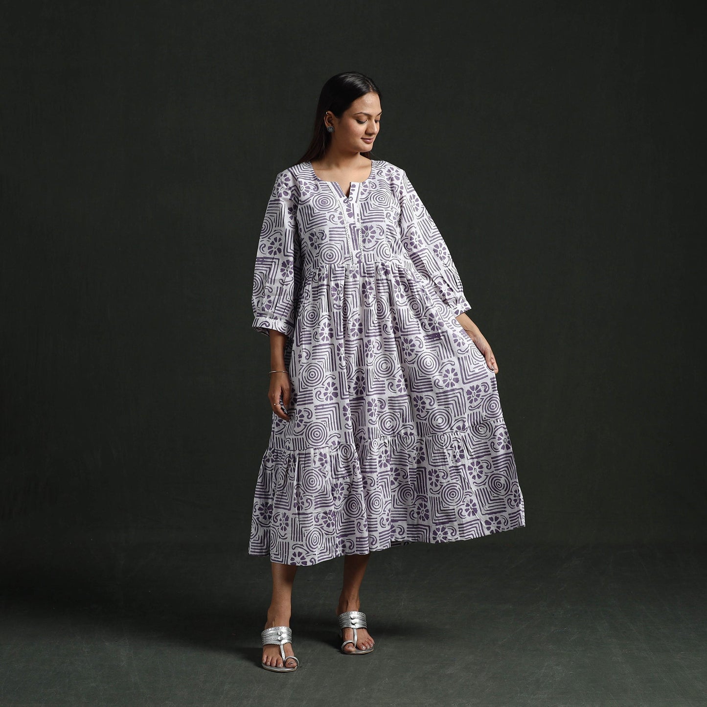 Tiered flared lace work cotton hand block batik print dress