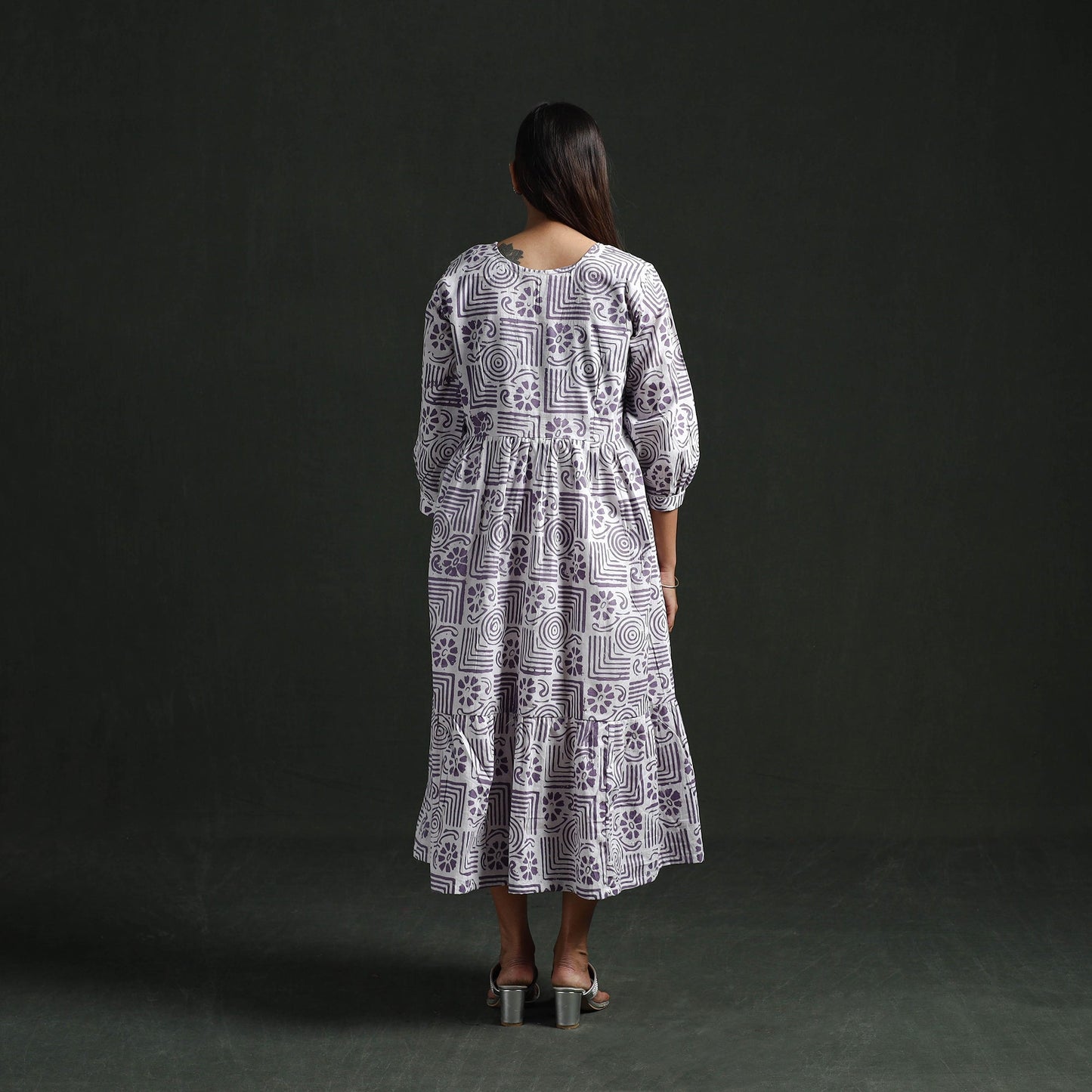 Tiered flared lace work cotton hand block batik print dress
