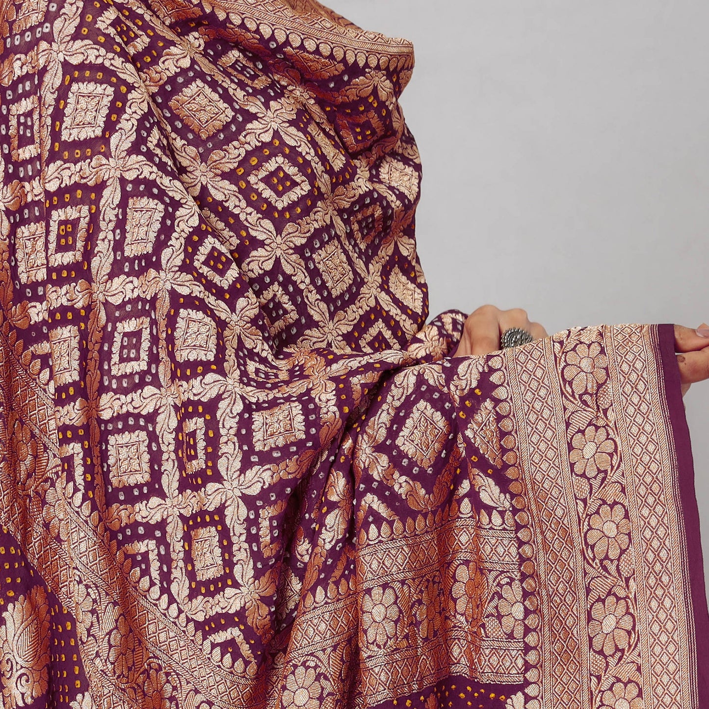 Traditional Kutch Neem Zari Jaal Work Bandhani Tie-Dye Georgette Banarasi Dupatta