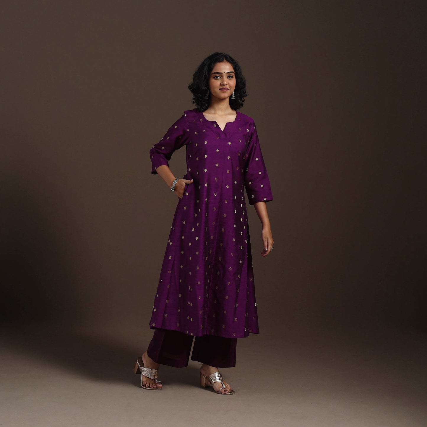 Purple Zari Buti A-Line Spun Dupion Silk Kurta Set (Set of 2)