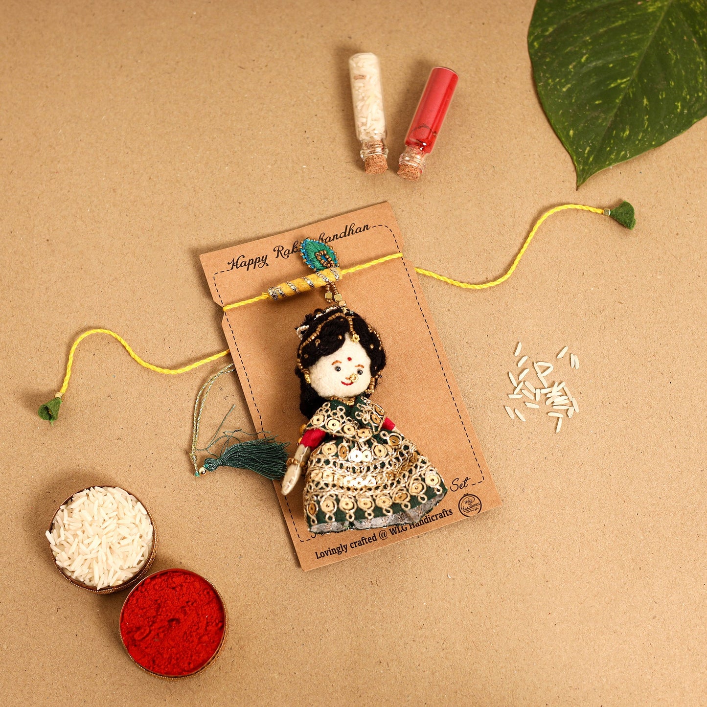 Radha Morpankh - Hand Embroidered & Felt Work Rakhi & Lumba Set
