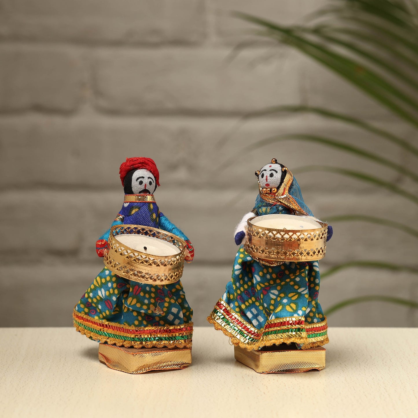 Rajasthani Puppet Couple Handmade Tealight Candle Holders (Set of 2)