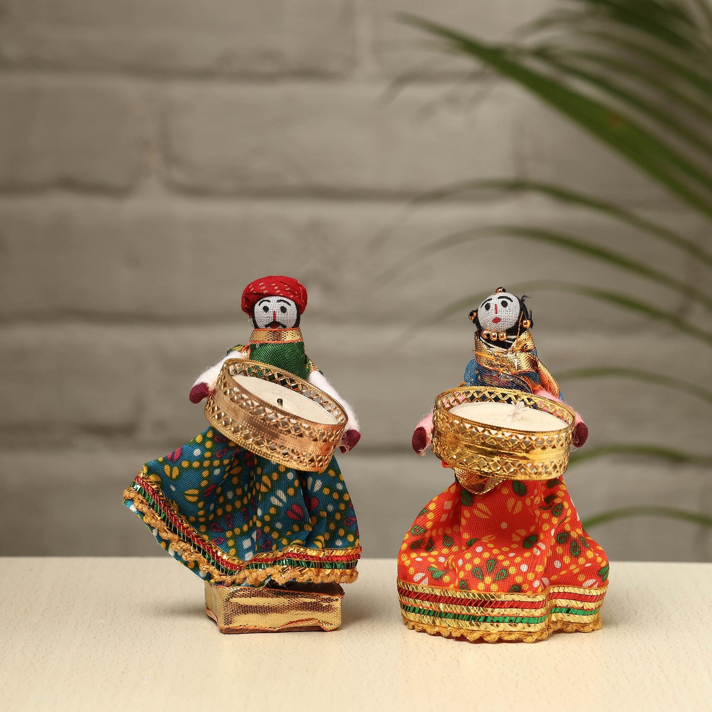Rajasthani Puppet Couple Handmade Tealight Candle Holders (Set of 2)
