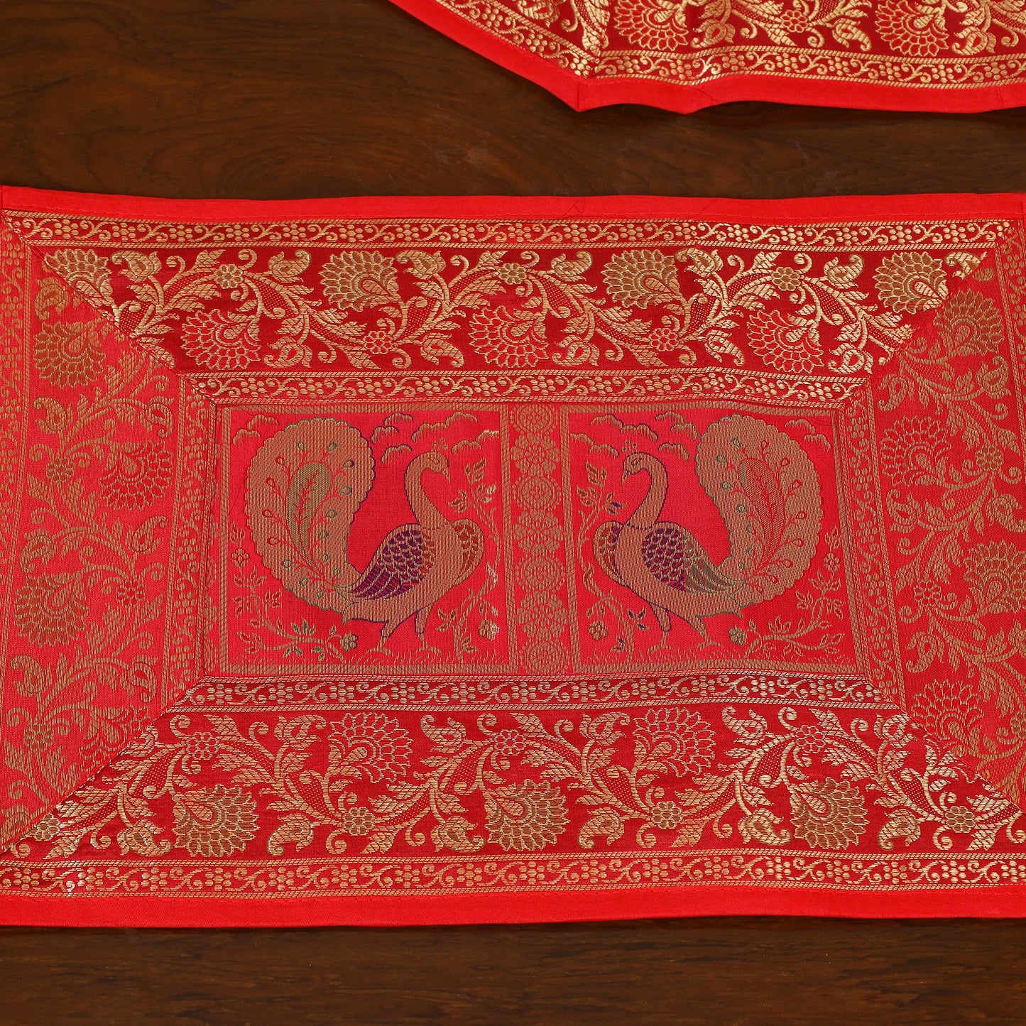 Red - 13pc dining table linen set in brocade banarasi silk