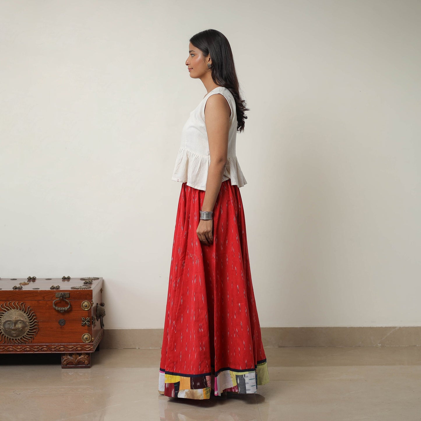 Red - 24 kali cotton pochampally ikat skirt 11 - handcrafted