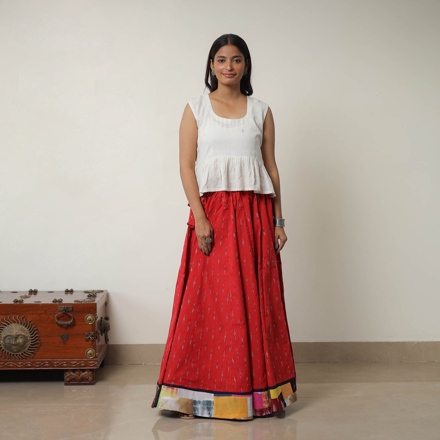 Red - 24 kali cotton pochampally ikat skirt 11 - handcrafted