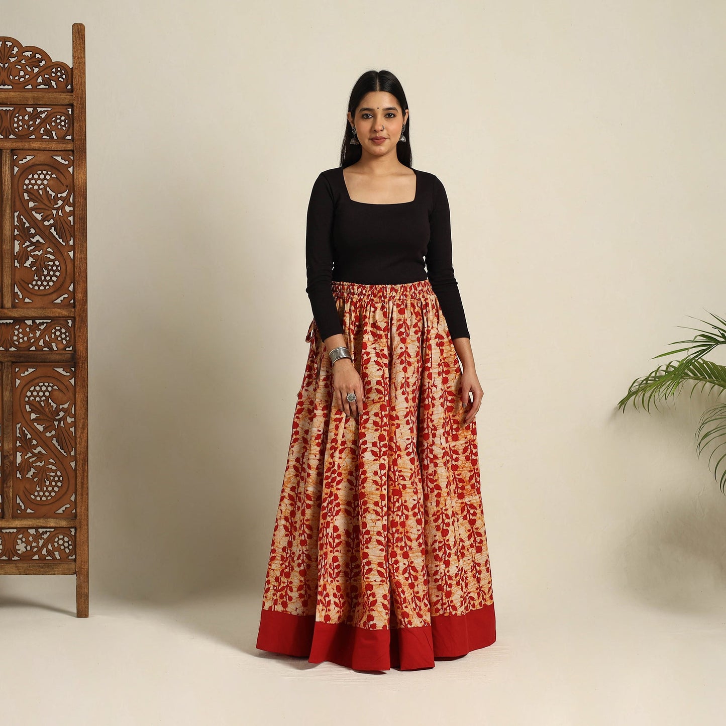 Red 24 Kali Patchwork Batik Print Cotton Long Skirt