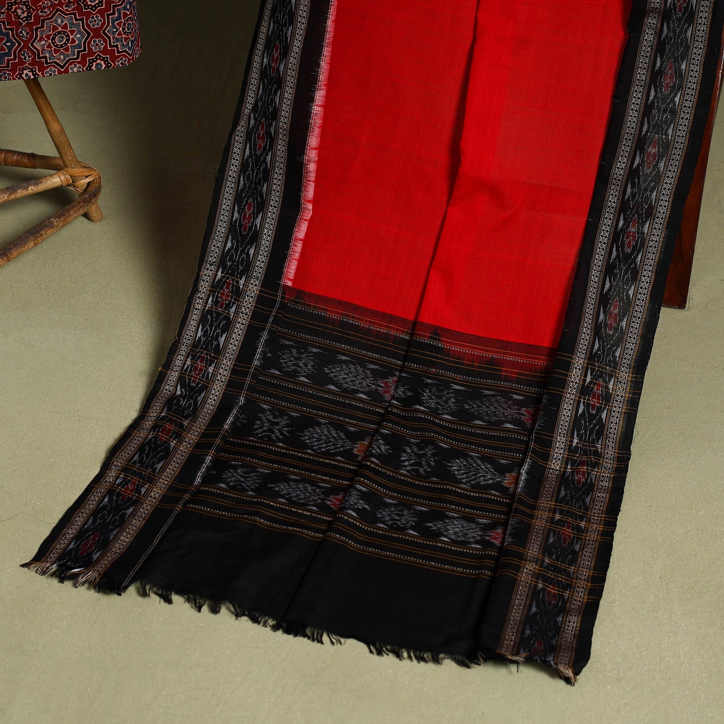 Red - 2pc cotton unstitched kurta with ikat dupatta 09