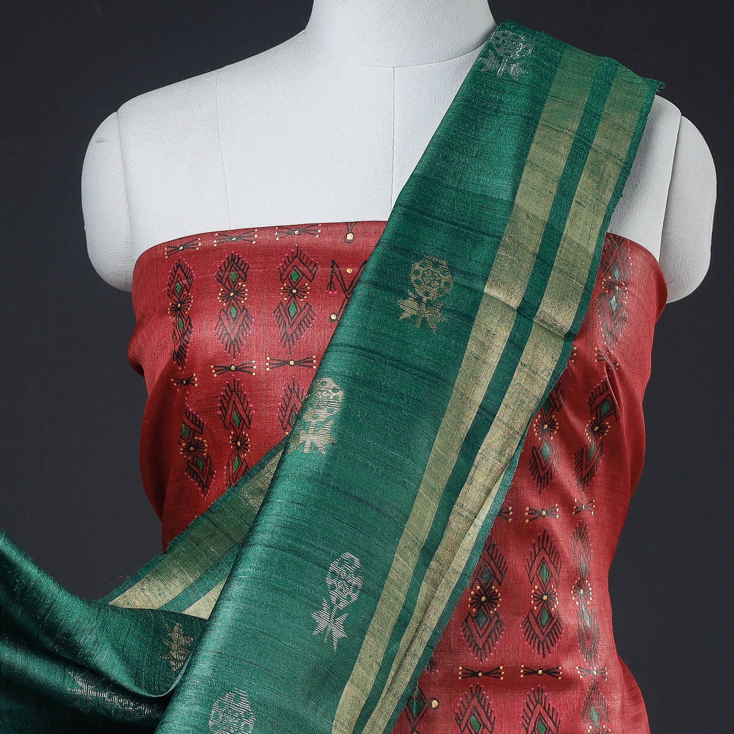 2pc Godna Handpainted Tussar Silk Suit Material with Zari Buta Dupatta