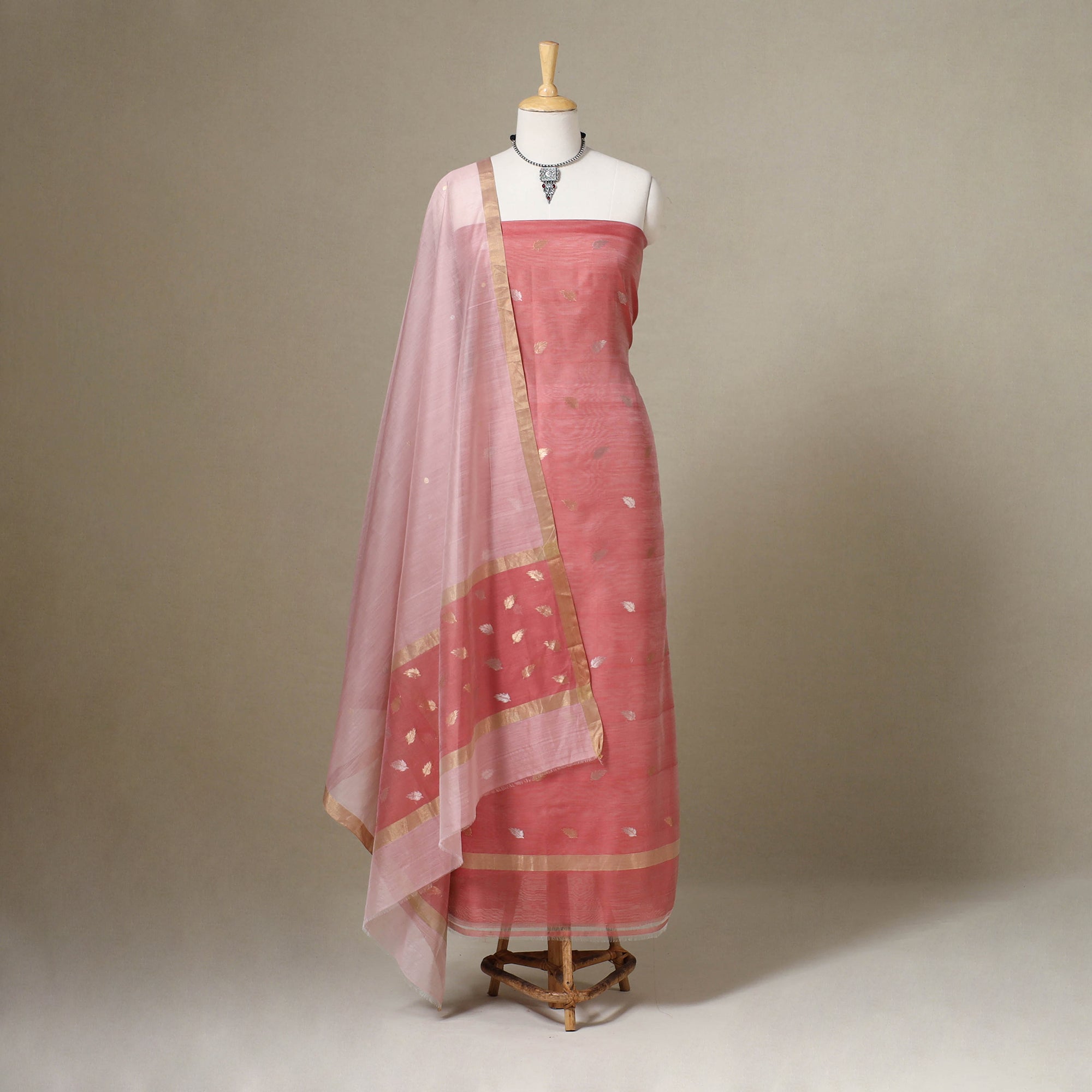 Red - Handloom Zari Buti Chanderi Silk 2pc Unstitched Dress Material with Jewellery Set 15