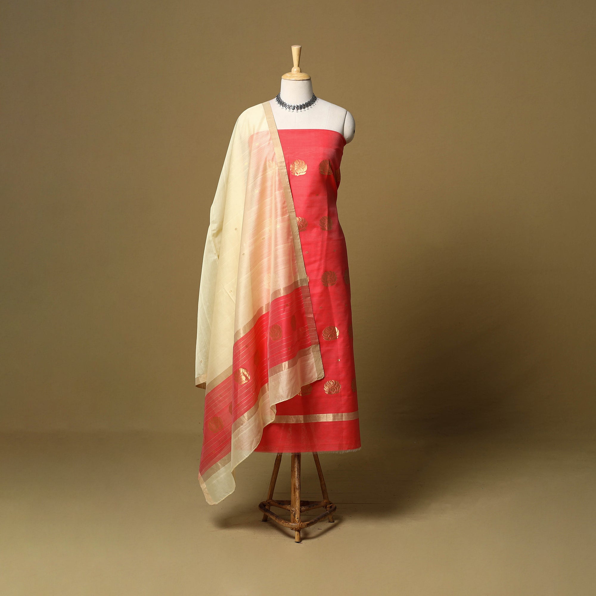 chanderi silk dress material Elegant Cream & Yellow Butti Chanderi Silk Dress Material With Cording